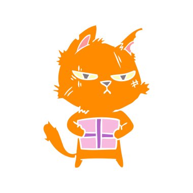 Noel hediyesi ile sert düz renk stil karikatür kedi