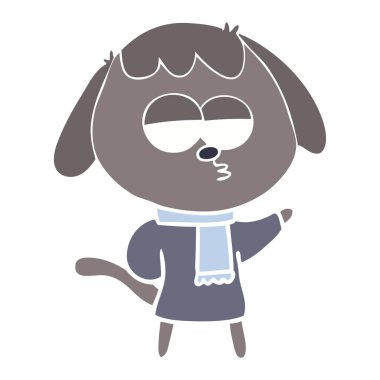 düz renk stili karikatür yorgun köpek kış kıyafetleri