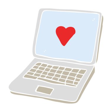 dizüstü bilgisayar ekranında kalp simgesi olan düz renkli çizimi