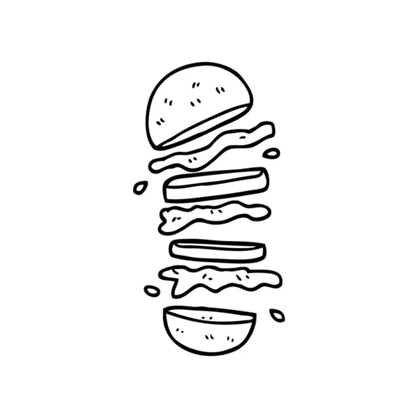 Línea Dibujo Hamburguesa Dibujos Animados — Vector de stock