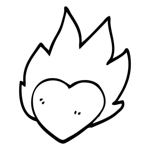 Línea Dibujo Dibujos Animados Corazón Llameante — Vector de stock