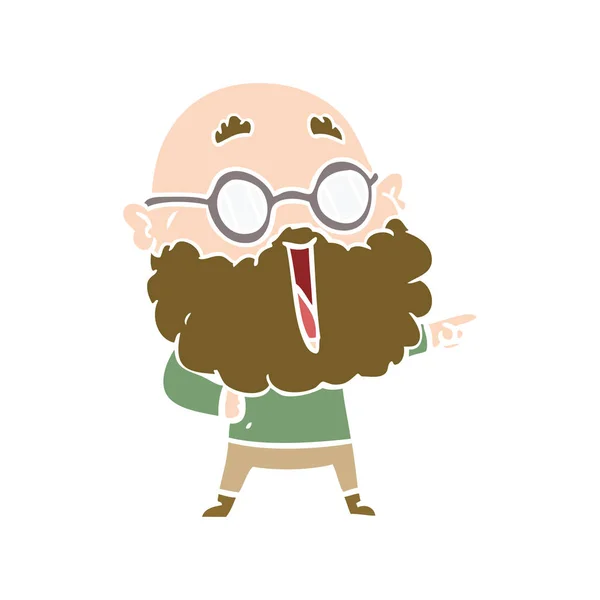 Flat Color Style Cartoon Joyful Man Beard Pointing Finger — Stock Vector