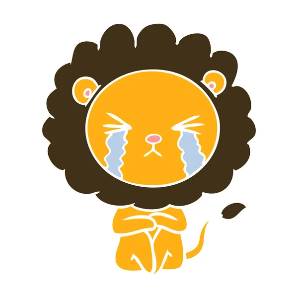 Flat Color Style Cartoon Crying Lion Sitting Huddled — Stock Vector