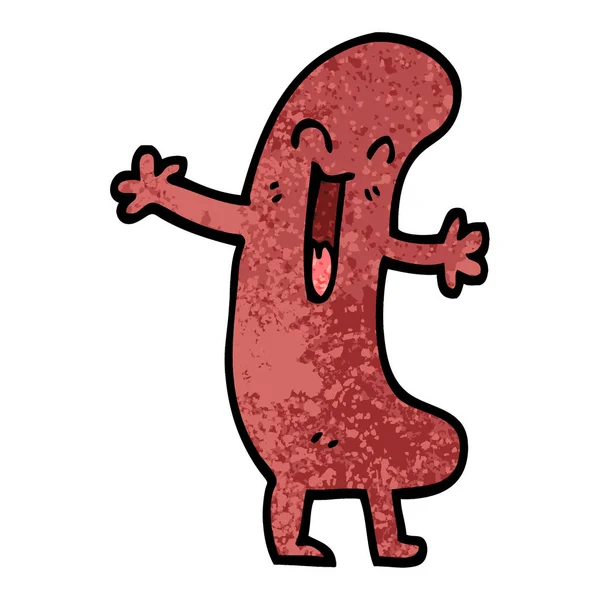 Grunge Textured Illustration Cartoon Happy Sausage — Stock Vector
