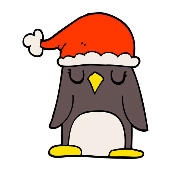 Desenho Animado Doodle Pinguim Vestindo Chapéu Natal — Vetor de Stock