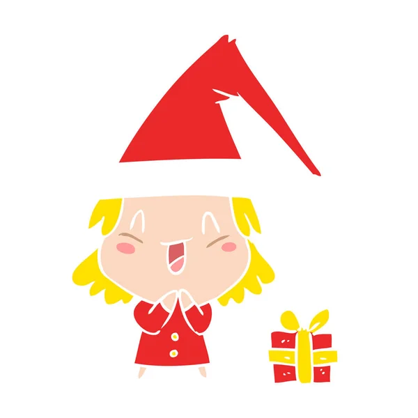 Flat Color Style Cartoon Girl Wearing Christmas Hat — Stock Vector