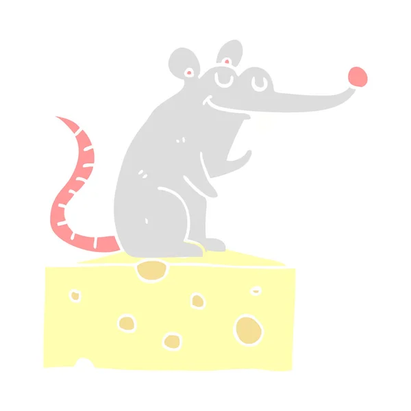 Flache Farbe Stil Cartoon Maus Sitzt Auf Käse — Stockvektor