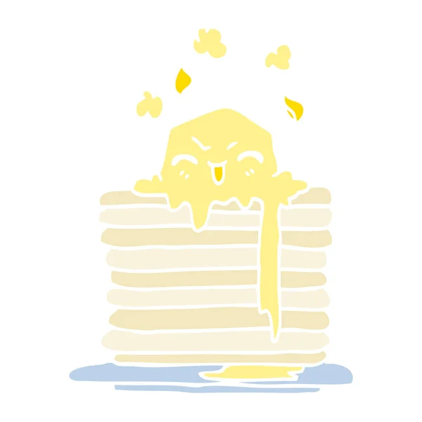 Flat Color Illustration Cartoon Butter Melting Pancakes — Stock Vector
