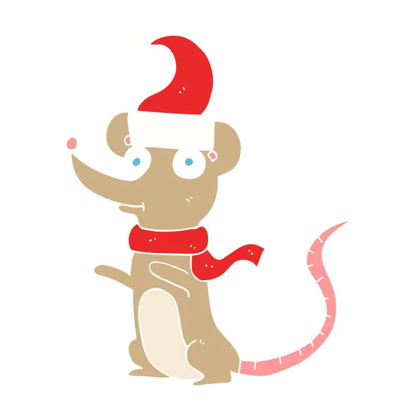 Επίπεδη Χρώματος Απεικόνιση Του Ποντικιού Φοράει Καπέλο Χριστουγέννων — Διανυσματικό Αρχείο