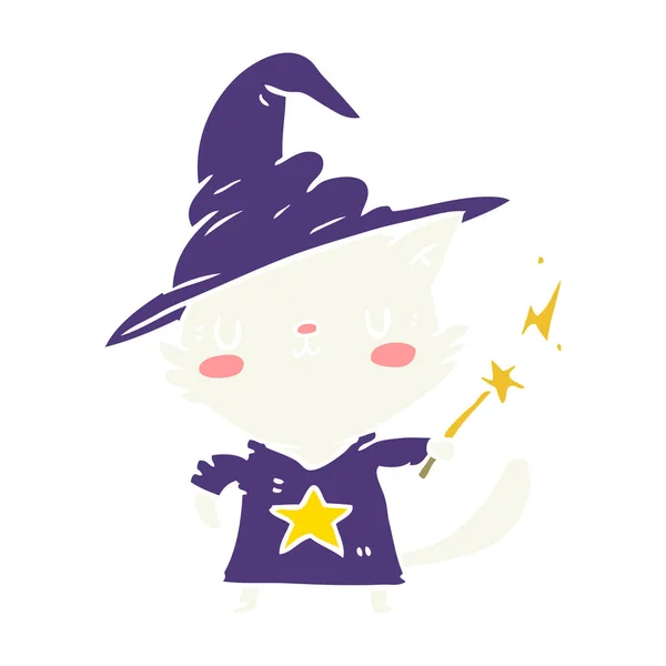Egale Kleur Stijl Cartoon Kat Wizard — Stockvector