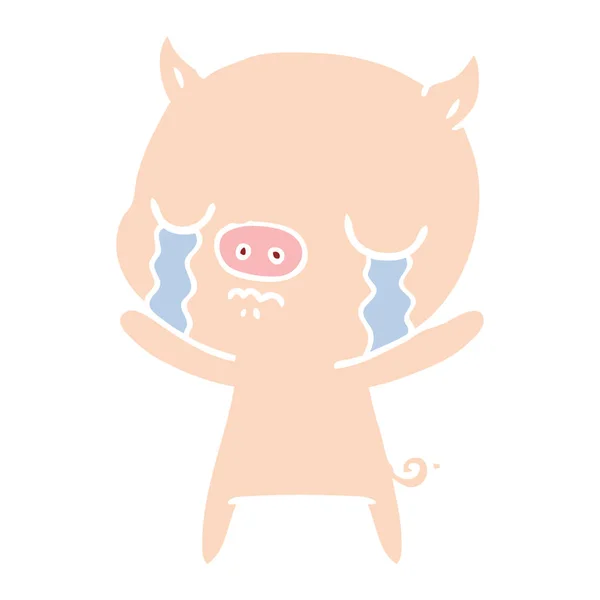 Flat Color Style Cartoon Pig Crying — Stock Vector
