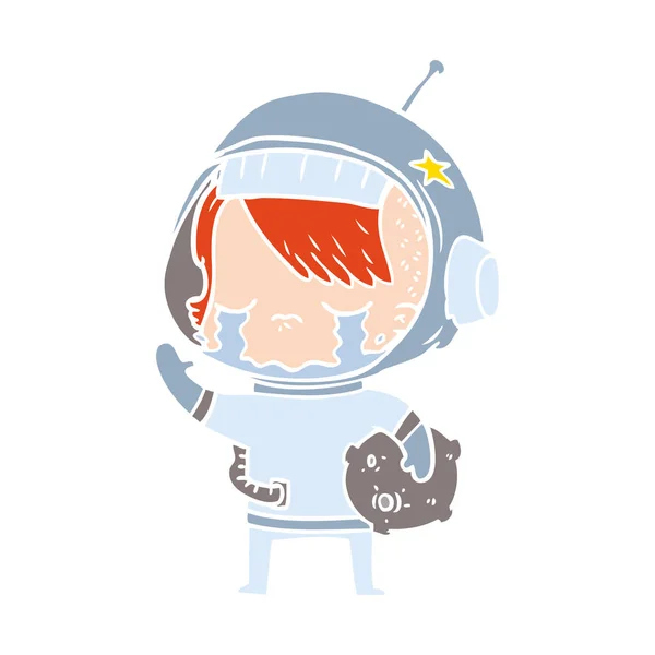 Plano Color Estilo Dibujos Animados Llorando Astronauta Chica Llevando Muestra — Vector de stock