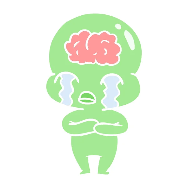 Egale Kleur Stijl Cartoon Grote Hersenen Alien Huilen — Stockvector