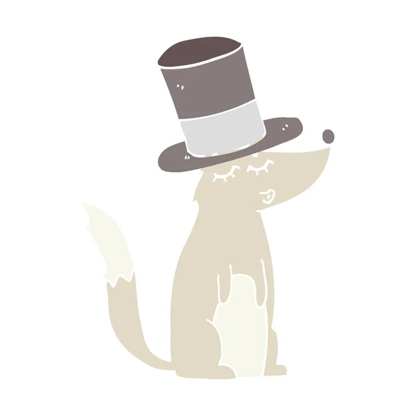 Flat Color Style Cartoon Wolf Whistling Wearing Top Hat — Stock Vector