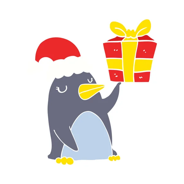 Flache Farbe Stil Cartoon Pinguin Mit Weihnachtsgeschenk — Stockvektor