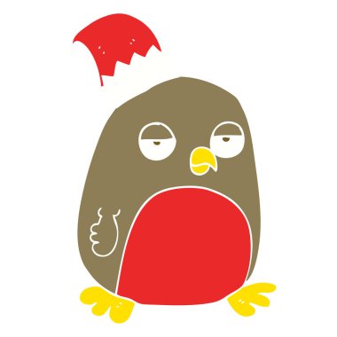 Noel Baba şapkası giyen Noel robin düz renkli çizimi