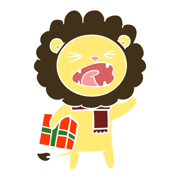 Flat Color Style Cartoon Lion Christmas Present — Stock Vector