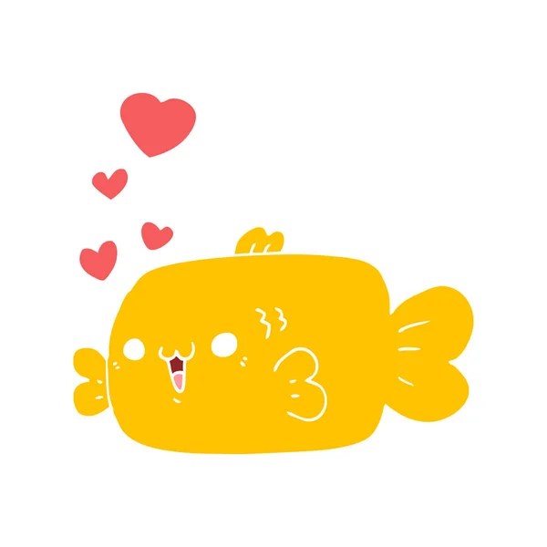 可爱的扁平色风格卡通鱼与爱的心 — 图库矢量图片