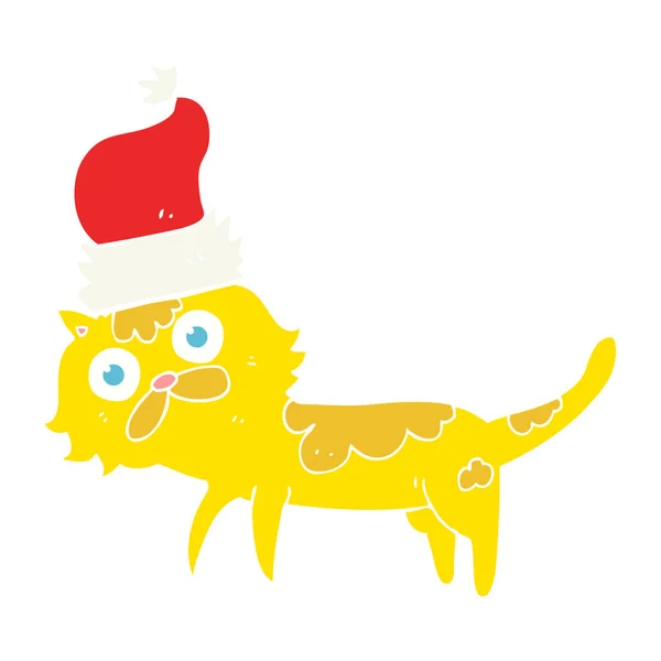 Плоская Цветная Иллюстрация Кошки Рождественской Шляпе — стоковый вектор