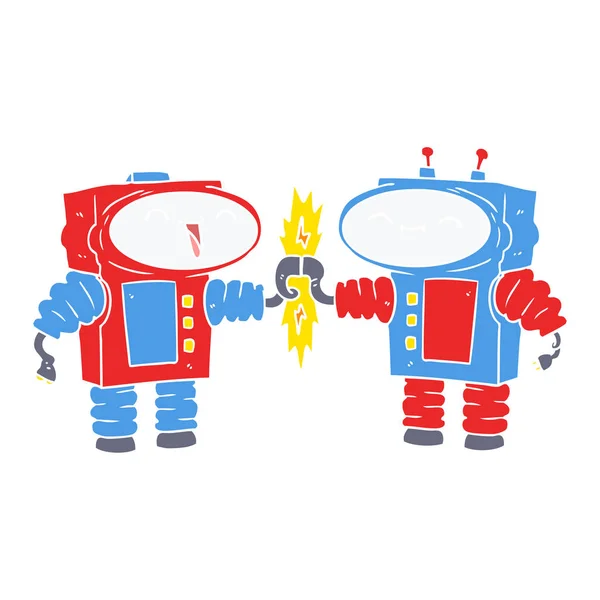 Flat Color Style Cartoon Robots Connecting — Stock Vector