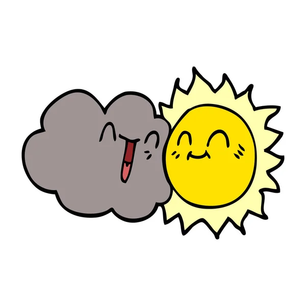 Cartoon Doodle Gelukkig Zon Wolk — Stockvector