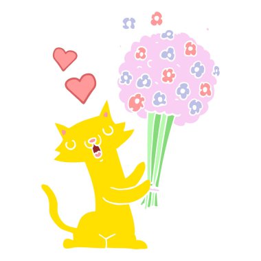 düz renk stil karikatür kedi aşık çiçekler