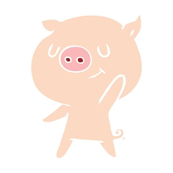 Heureux Plat Couleur Style Dessin Animé Porc Agitant — Image vectorielle