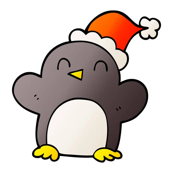 Desenho Animado Doodle Pinguim Vestindo Chapéu Natal — Vetor de Stock