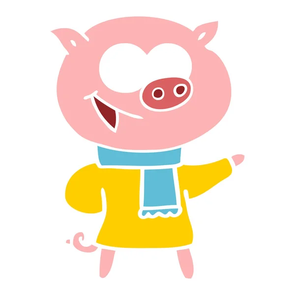 Cheerful Pig Wearing Winter Clothes Flat Color Style Cartoon — Stock Vector