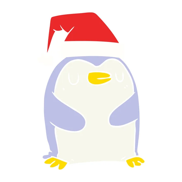 Flat Color Style Cartoon Penguin Wearing Christmas Hat — Stock Vector