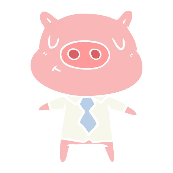 Plat Couleur Style Dessin Animé Contenu Cochon Chemise Cravate — Image vectorielle