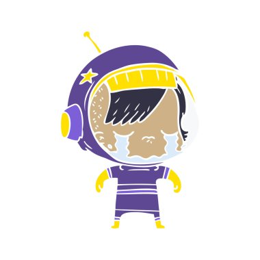 düz renk tarzı çizgi film ağlayan astronot kız