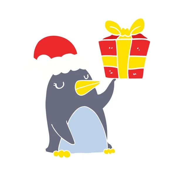 Pingüino Dibujos Animados Estilo Color Plano Con Regalo Navidad — Archivo Imágenes Vectoriales