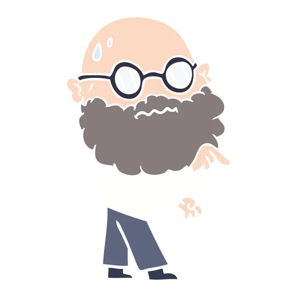 Hombre Preocupado Dibujos Animados Color Plano Con Barba Gafas Apuntando — Archivo Imágenes Vectoriales