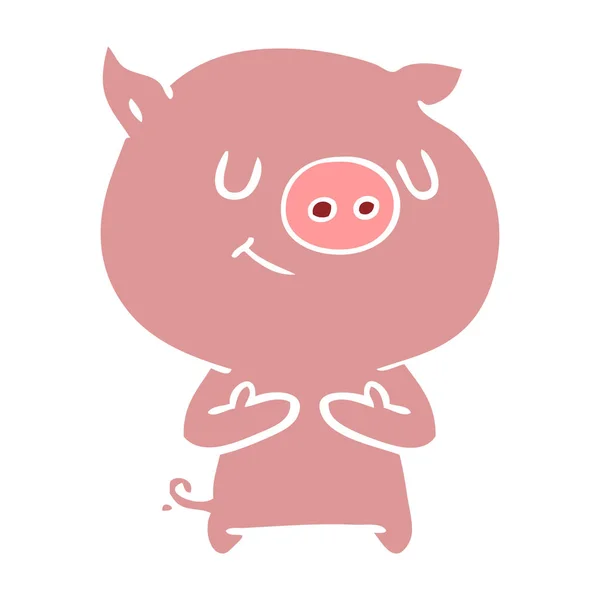 Happy Flat Color Style Cartoon Pig — Stock Vector
