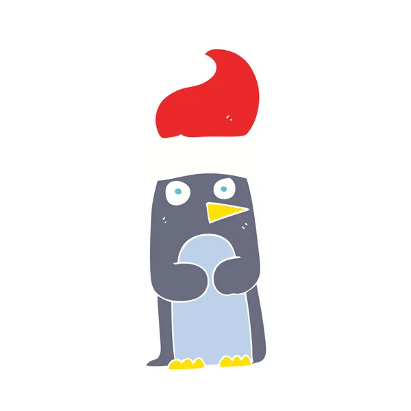 Ilustracja Płaski Kolor Pingwina Boże Narodzenie Kapelusz — Wektor stockowy
