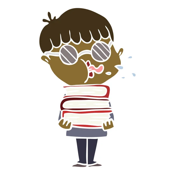 平板彩色卡通男孩戴着深色眼镜随身携带书籍 — 图库矢量图片