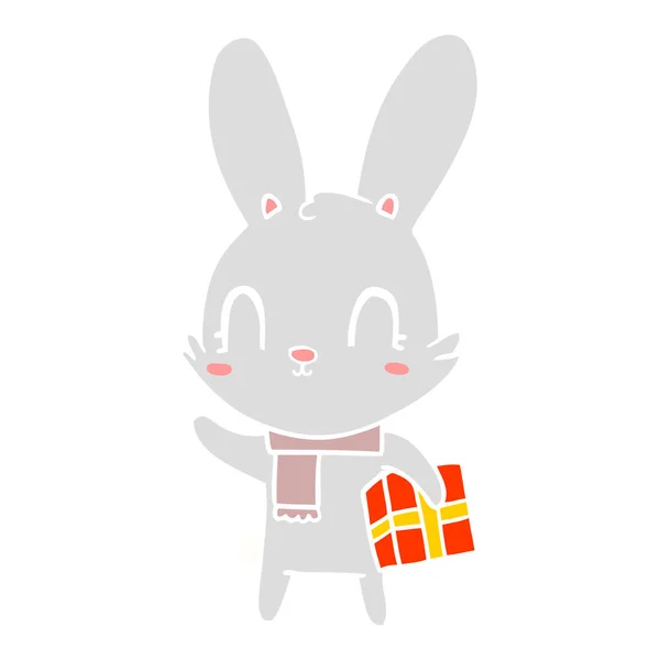 Cute Flat Color Style Cartoon Rabbit Christmas Present — Stock Vector