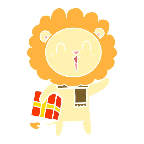 Laughing Lion Flat Color Style Cartoon Christmas Present — Stock Vector