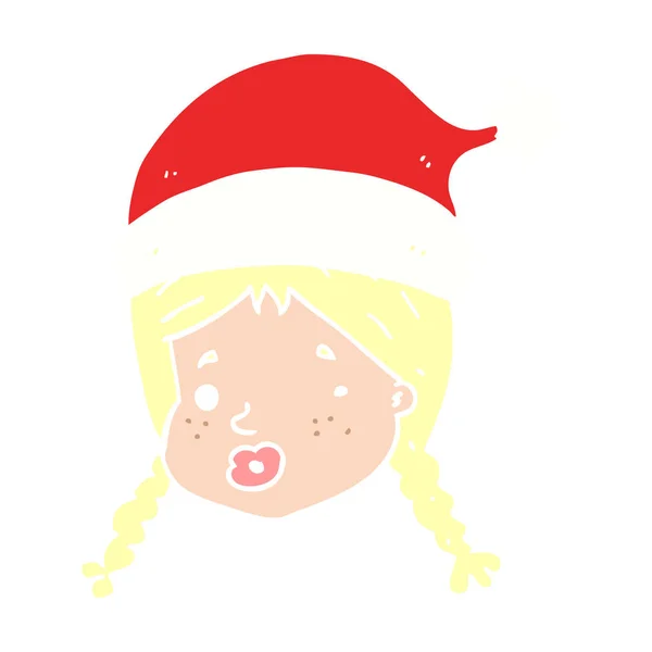 Flache Farbe Stil Cartoon Mädchen Trägt Weihnachtsmütze — Stockvektor