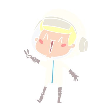 barış işareti veren mutlu düz renk tarzı çizgi film astronot