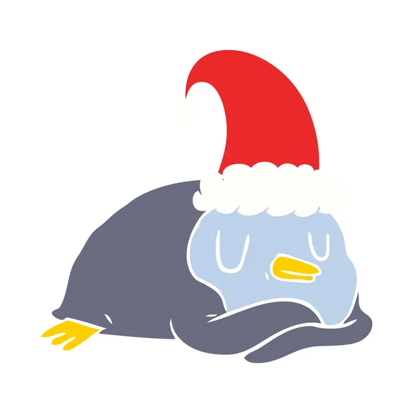 平板颜色风格动画片企鹅戴圣诞帽子 — 图库矢量图片