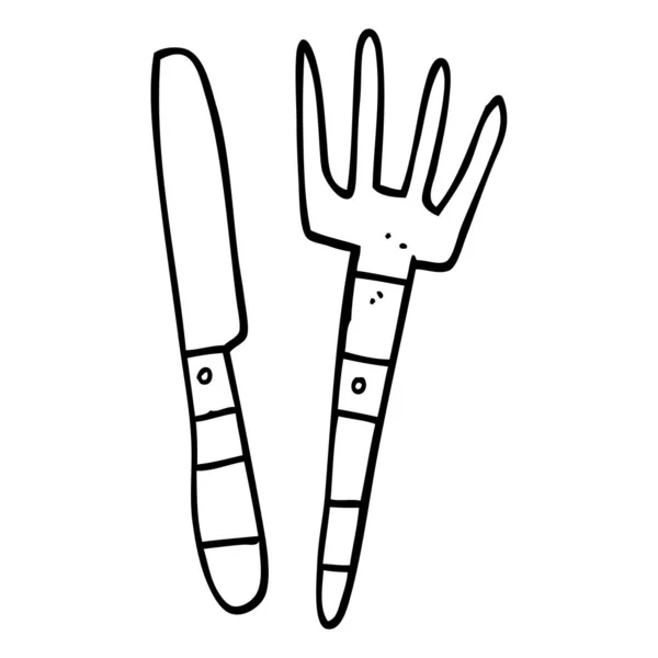 Línea Dibujo Dibujos Animados Cuchillo Tenedor — Vector de stock