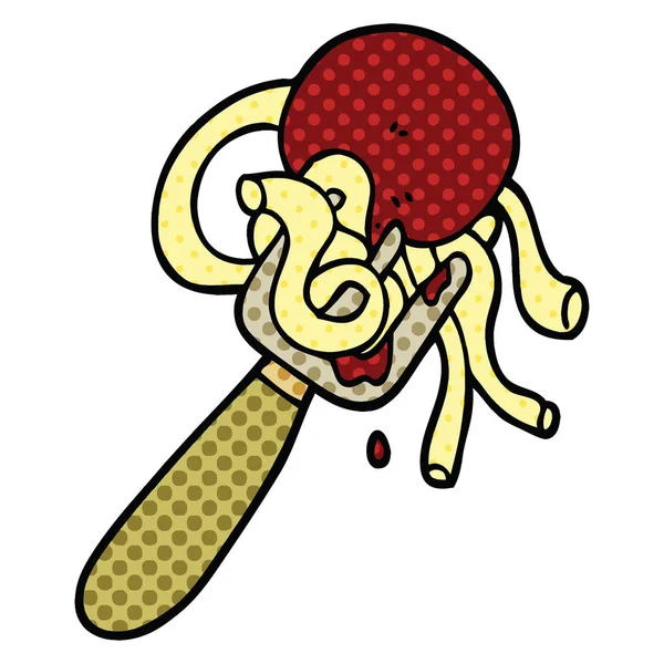 Serietidning Stil Tecknad Spaghetti Och Köttbullar Gaffel — Stock vektor