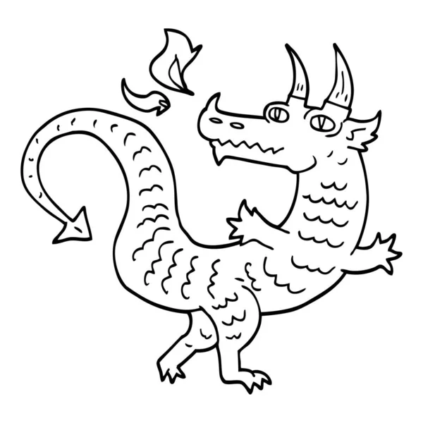 Línea Dibujo Dibujos Animados Dragón Mágico — Vector de stock