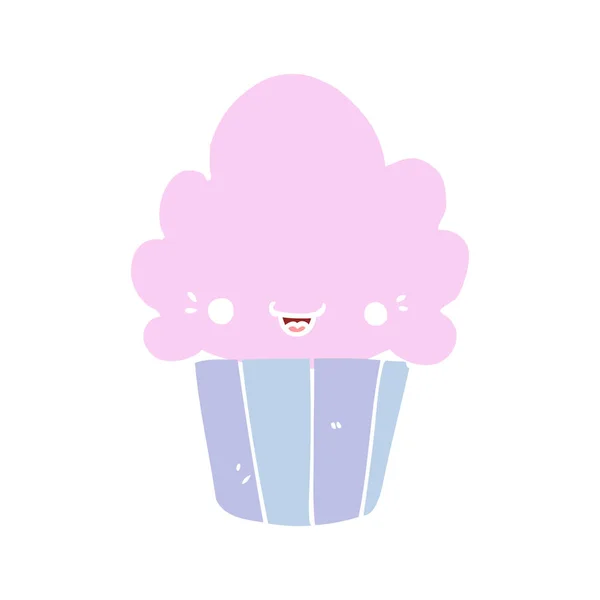 Egale Kleur Stijl Cartoon Cupcake Met Gezicht — Stockvector