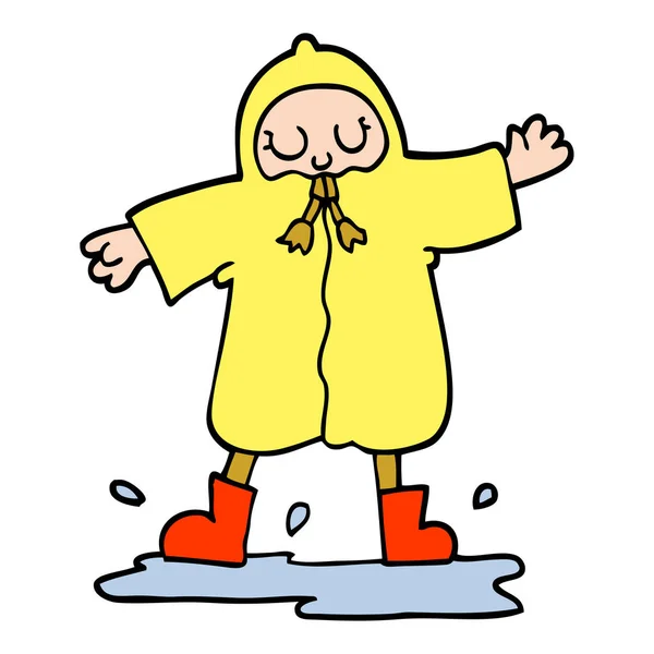 Hand Drawn Doodle Style Cartoon Person Splashing Puddle Wearing Rain — Stock Vector