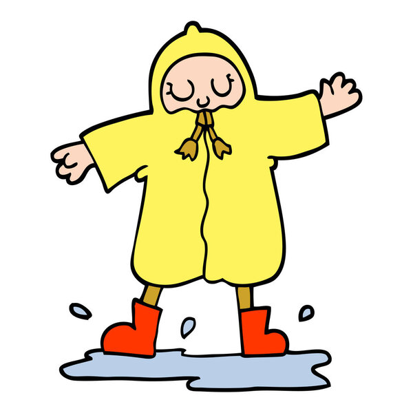 Ручной рисованный мультяшный человек, брызгающийся в луже в дождевом плаще
