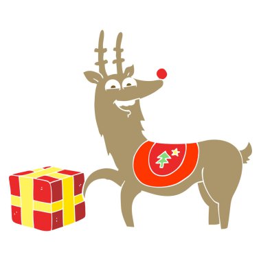 Noel reindeer hediye ile düz renkli çizimi