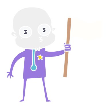 düz renk tarzı çizgi film garip kel uzay adamı bayrak ile